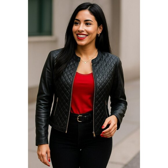 Cole Haan Genuine Lambskin Leather Quilted Zip Jacket Womens Medium Gold-Tone Ha - Picture 1 of 12